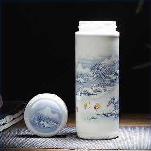 保温杯陶瓷内胆非涂层景德镇水杯带盖青花瓷骨瓷双层茶杯防漏养生