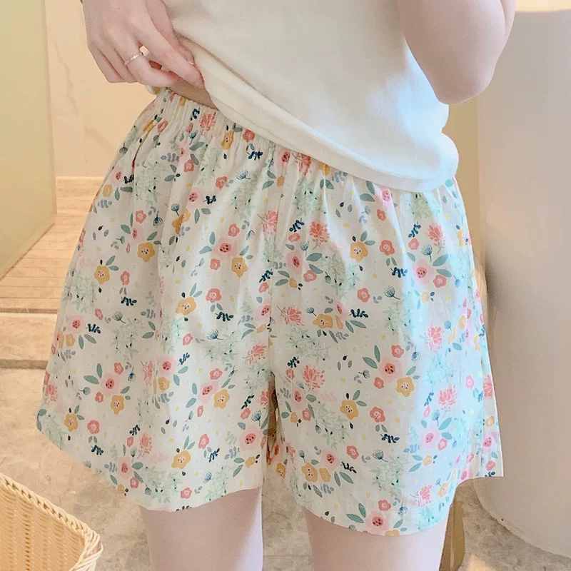 Summer thin trousers, shorts, high waist, for teenagers, floral print