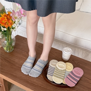 夏季 韩系隐形袜条纹学院风袜竖条纹针织船袜女不掉跟防滑短袜 薄款