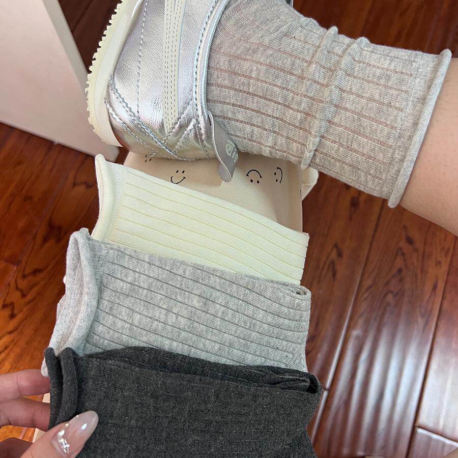 春夏季薄款韩版日系竖条纹堆堆袜白色卷边袜子女中筒袜ins潮纯色