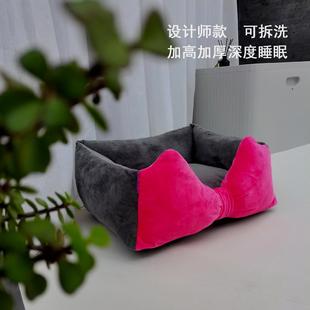 通用可拆洗狗窝公主风大蝴蝶结猫咪床深度睡眠狗床 方形宠物窝四季