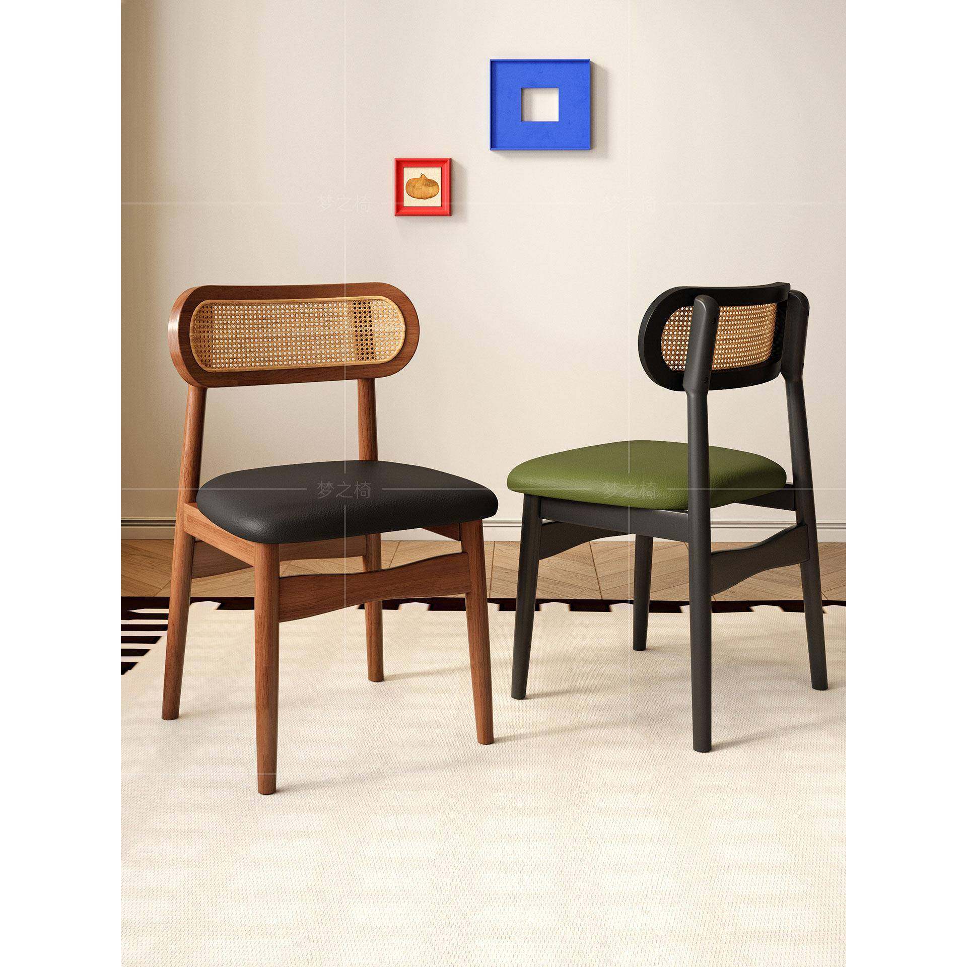 法式覆古全实木餐桌椅靠背餐椅中古休闲家用酒店藤编椅子网红凳子