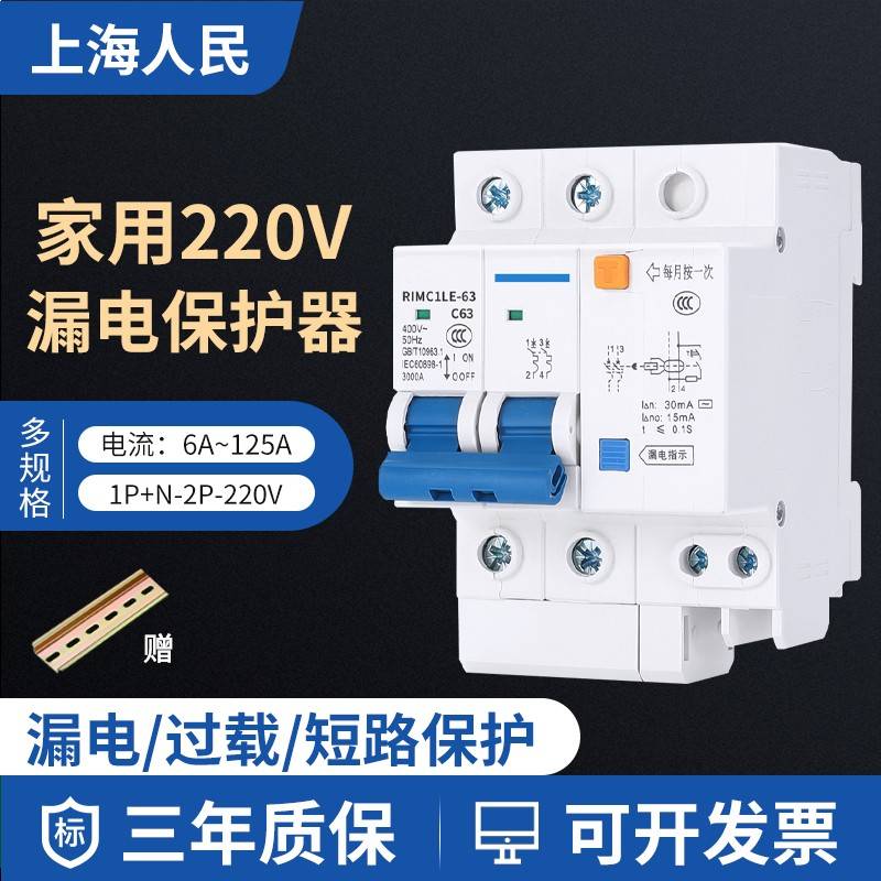 上海人民家用漏电保护器DZ47LE-63总闸空气开关空开2P漏保开关32A