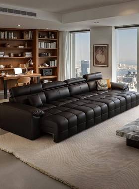 真皮电动沙发床功能客厅直排四三人位可趟可睡可调节伸缩新款黑色