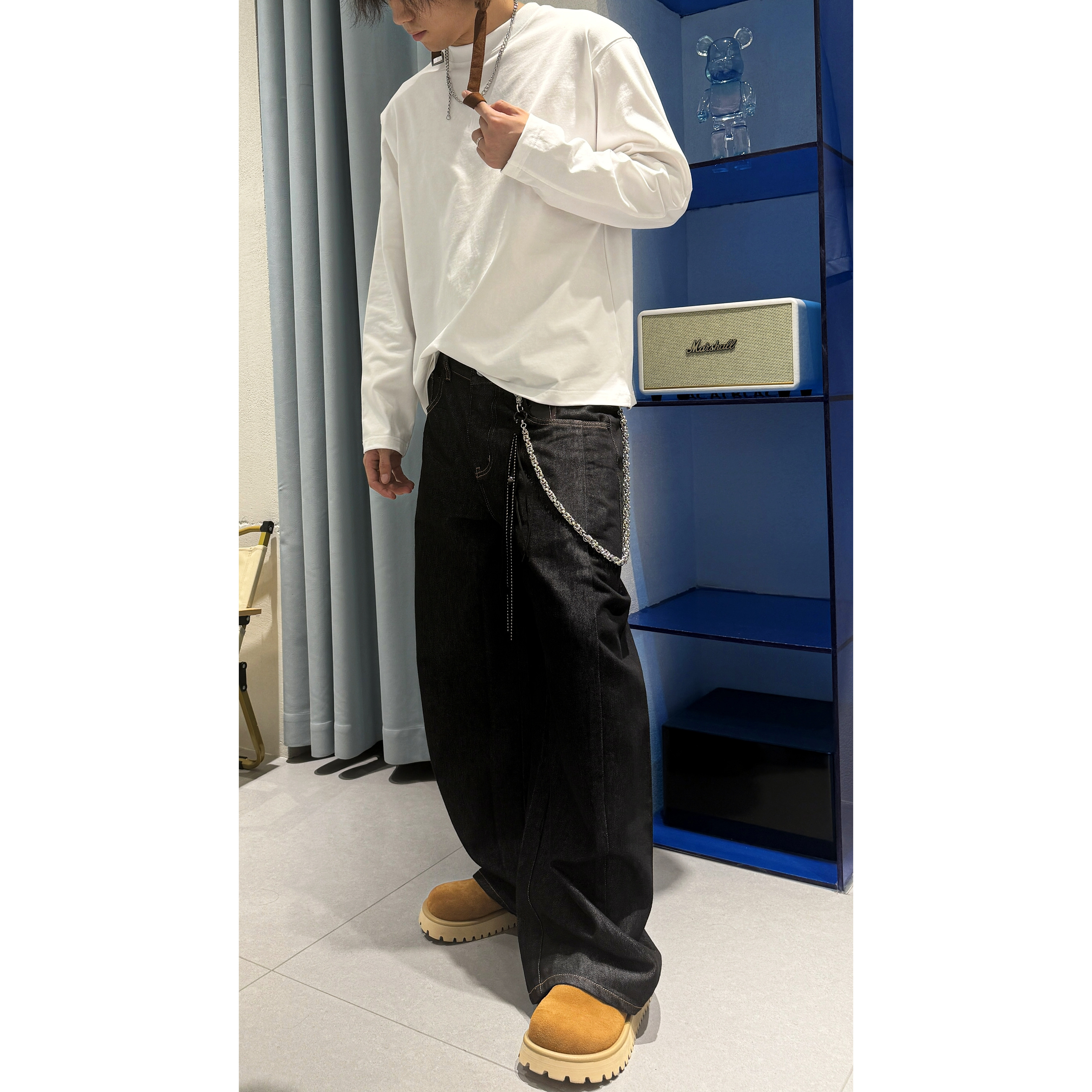 秋季美式复古男士阔腿牛仔裤