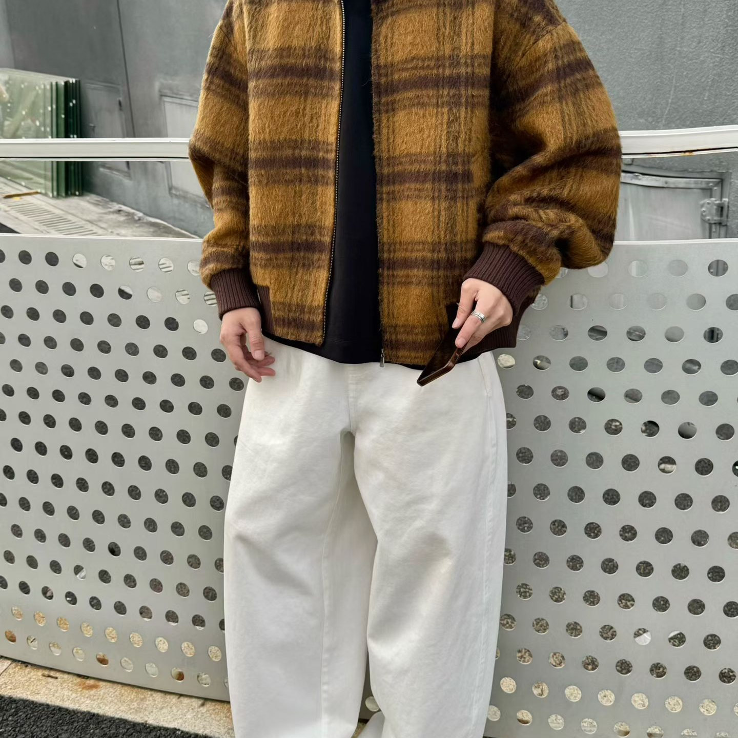 韩系拼色格子双面呢大衣