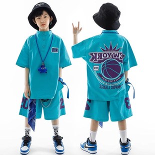 演出服男孩酷帅蓝h宽松服装 速发少儿街舞套装 潮o色iph服p炸街服装