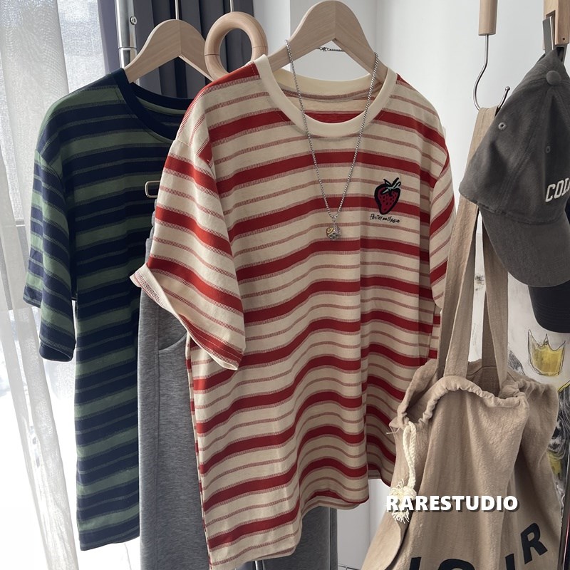 速发春款刺绣草莓复艺彩色纹条休闲简约文古宽松棉T恤