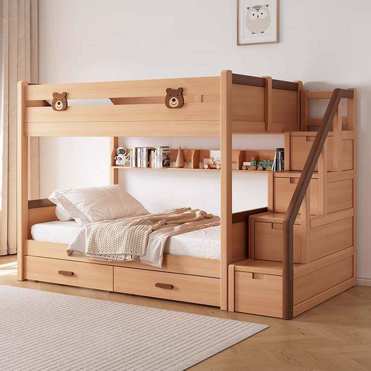 木月实木上下床带书架拖床子母床原木色儿童双层床带抽屉高低床