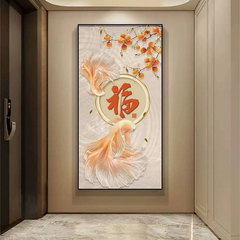 好运锦鲤入户玄关装饰画新款创意高档客厅挂画轻奢走廊过道壁画图片