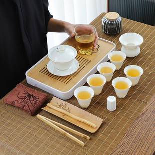 带茶盘纳简约功夫便携旅家 收茶具羊收纳茶具脂玉白瓷用泡茶套茶装