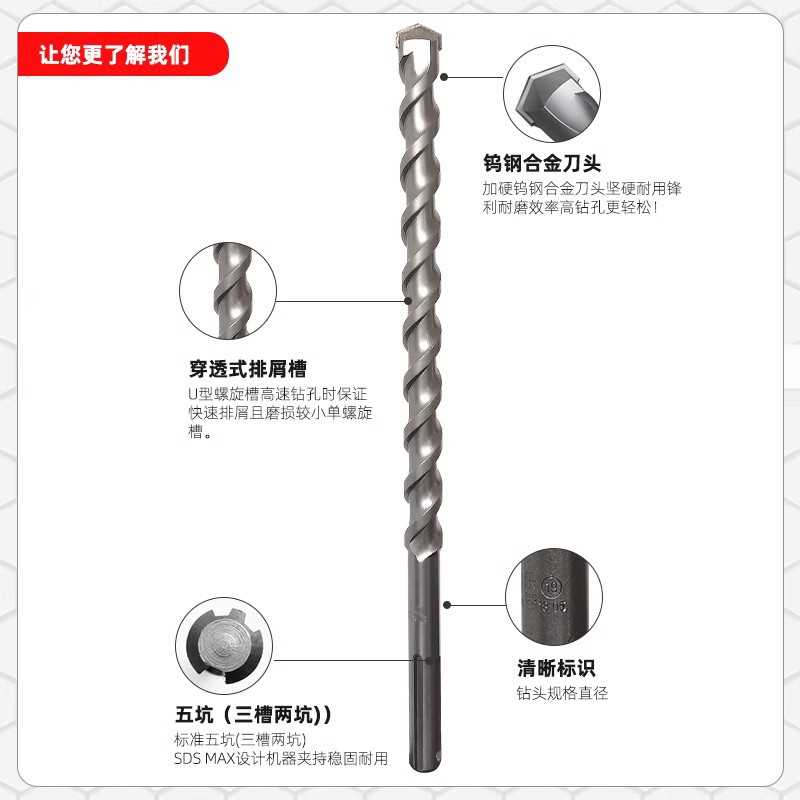 五坑1200-1500mm冲击钻 1米2米3米5加长穿墙钻 SDS-MAX电锤钻头