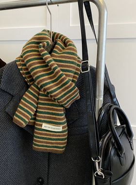 春野森川｜日系复古绿色条纹围巾 秋冬保暖情侣百搭韩系学生围脖