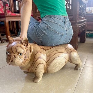 小叶香樟木宠物坐j骑凳法国斗牛犬侘寂风木雕空间装饰摆件雕塑矮