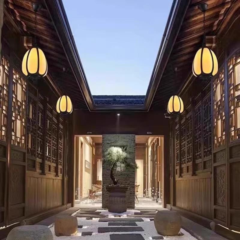 新中式吊灯户外防水庭院屋檐走廊大门口灯室外别墅凉亭仿古南瓜灯