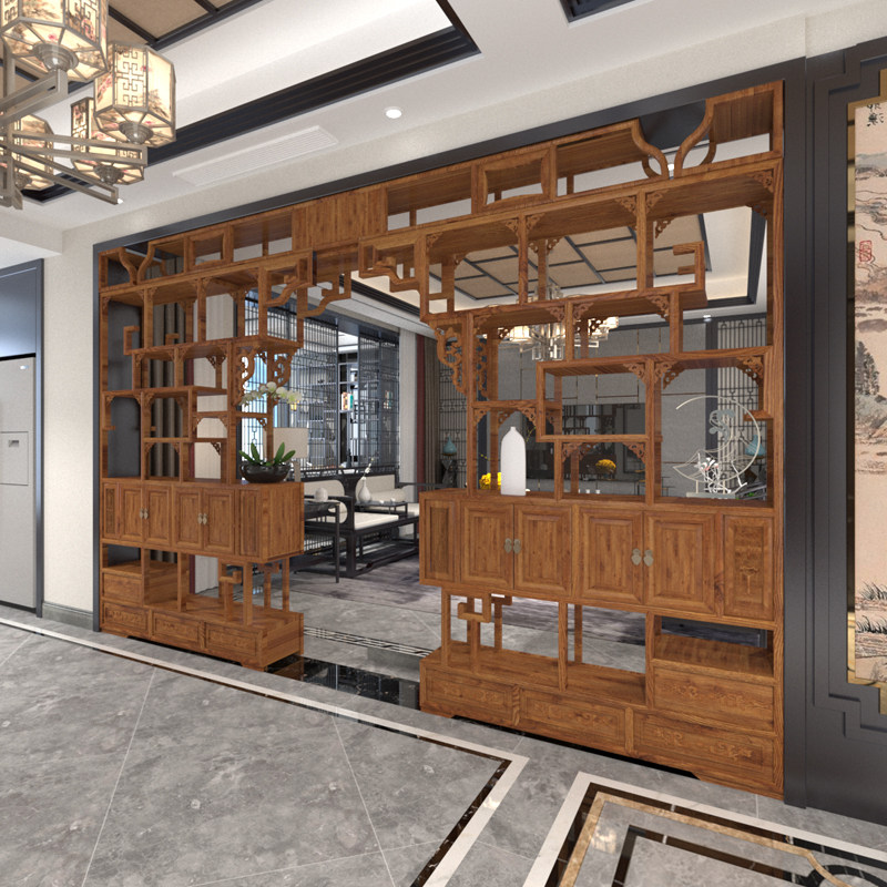 定制仿古伸缩月洞门隔断玄关客厅背景中式古董博古架实木月亮圆门