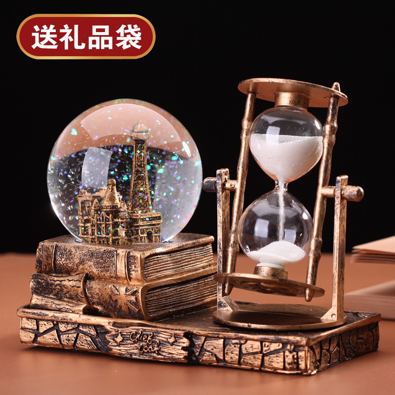 复古创意沙漏计时器雪花水晶球女生七夕礼物音乐盒桌面装饰摆件