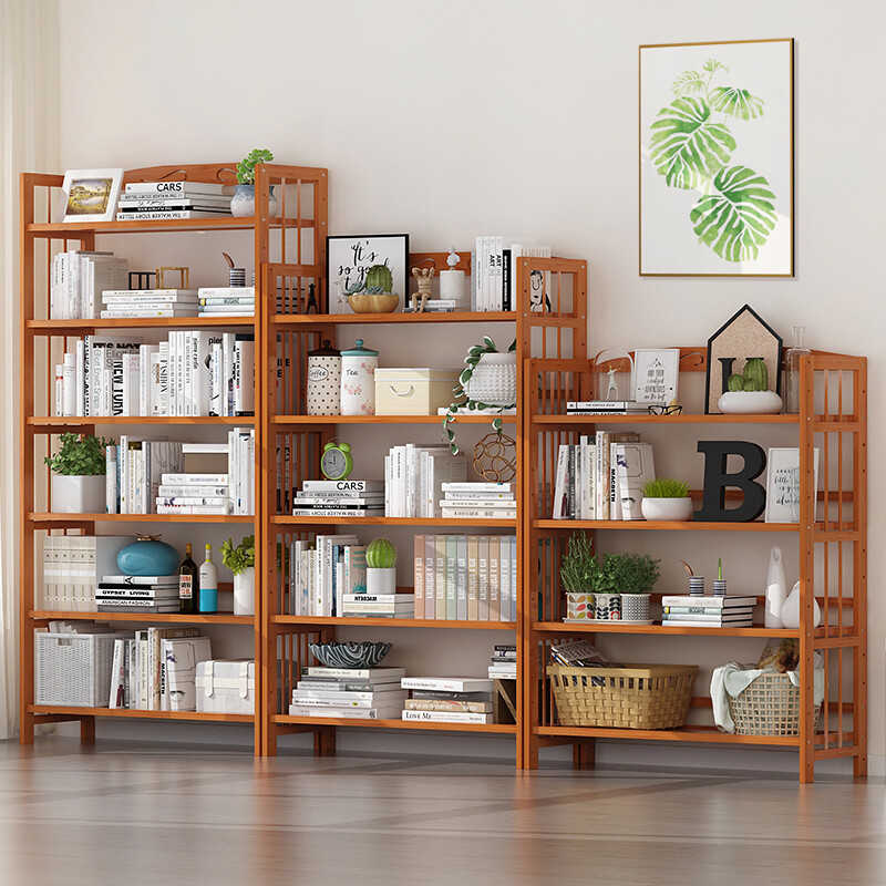 茶色书架家用书柜厨房收纳置物架客厅落地书架展示架木纹多层升降