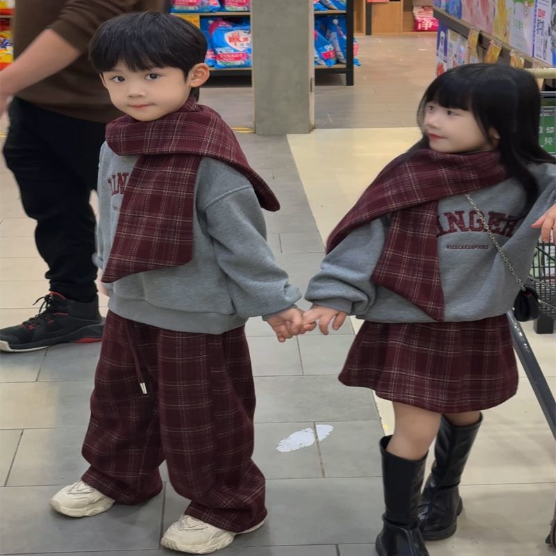 儿童过年服套装秋冬男童格子长裤女童洋气小公主红色加绒卫衣裙子