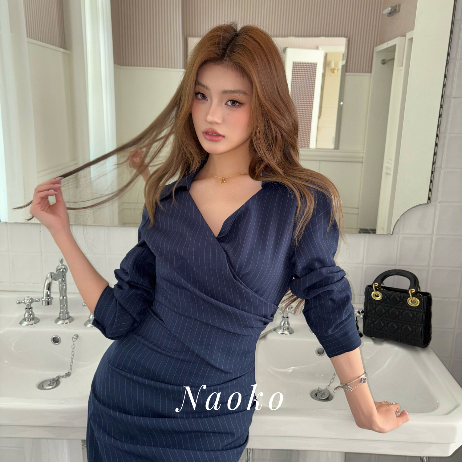 Naoko直子 韩系职场通勤穿搭条纹长袖连衣裙女独特漂亮掐腰衬衫裙