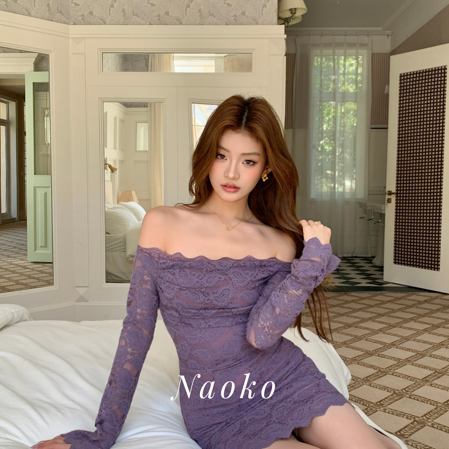 Naoko直子 法式紫色一字肩蕾丝抹胸连衣裙女秋冬季内搭短裤包臀裙
