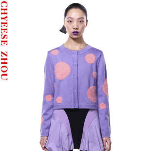 CHYEESE AW24 ZHOU紫色波点提花羊毛开衫