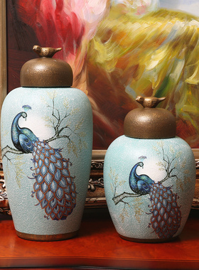 热销美式乡村花鸟陶瓷储物罐家居软装饰品客厅玄关酒柜样板间摆件