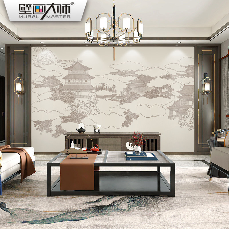 热销新中式楼阁壁纸山水壁布电视背景墙纸硬包壁画饭店客饭厅装饰