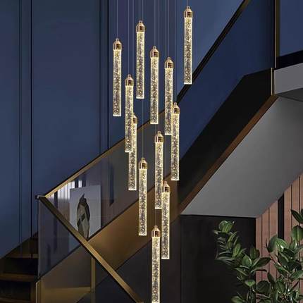 loft复式楼大吊灯旋转楼梯灯轻奢水晶灯现代简约别墅公寓客厅灯具