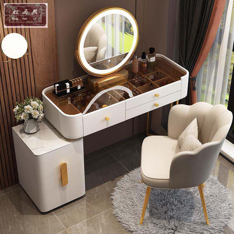 实木梳妆台奶油风收纳柜一体LED镜卧室客厅轻奢高级感折叠化妆桌