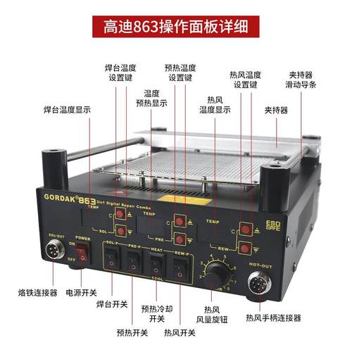 高迪863三合一热风枪焊台853BGA返修预加热平台维修防静电拆焊台