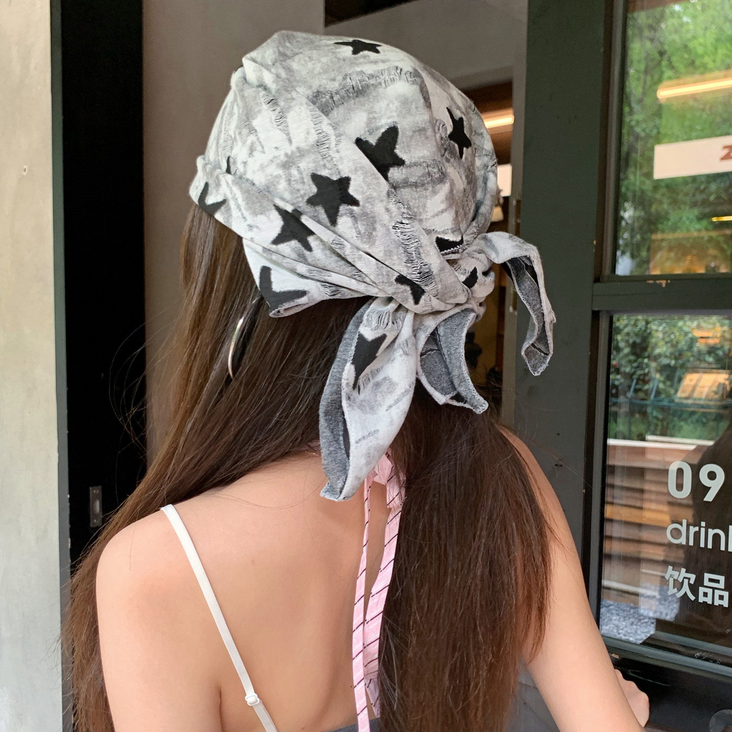 甜酷辣妹~星星印花头巾女多功能方巾丝巾抹胸复古风丝巾夏季百搭