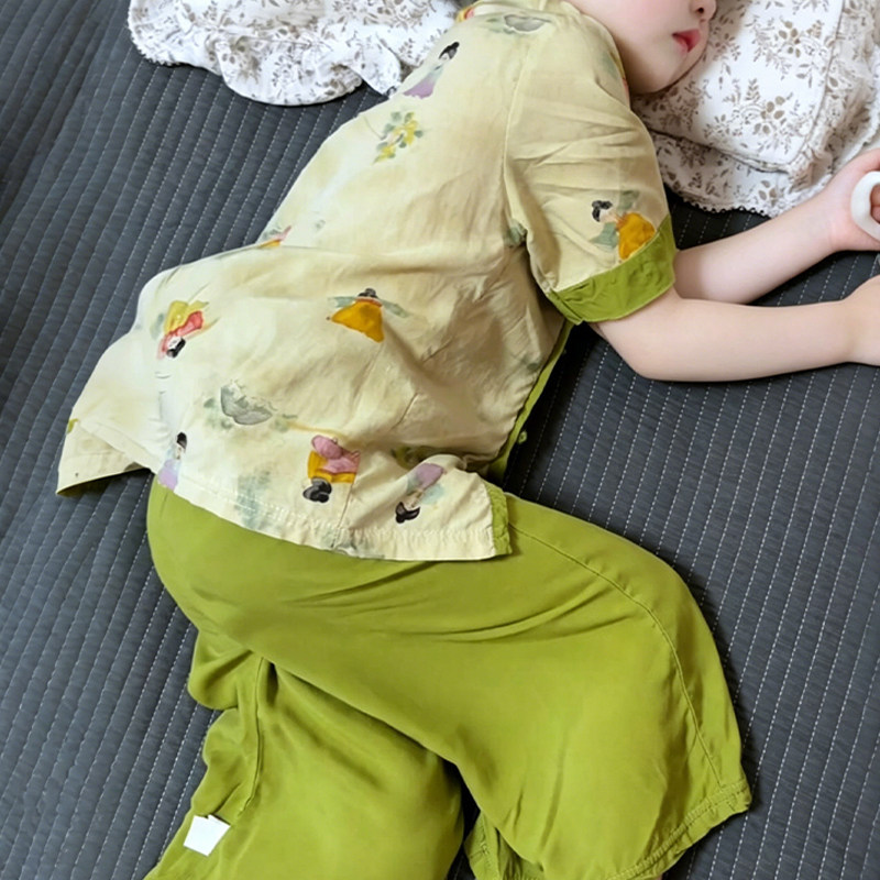 母女装洋派新中式国风亲子装中大童短袖九分裤儿童棉绸两件套外穿
