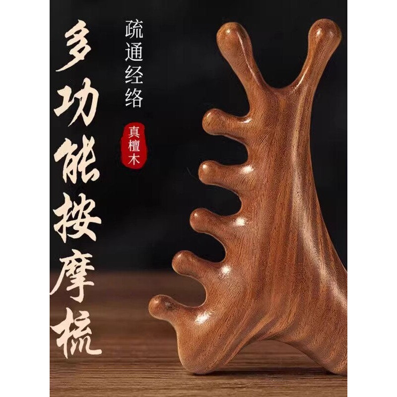 四合一多功能檀木梳头皮檀木按摩梳子头部脱发头疗脸部刮痧疏通经