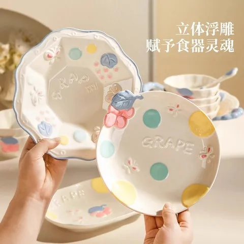 汤碗家用碗高颜值勺子可爱碗碟手绘卡通套装泡面碗陶瓷盘子餐具