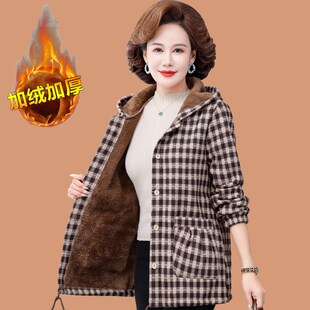 速发妈妈冬装加绒加厚棉服外套衣老年短款格子棉中奶奶宽松连帽棉