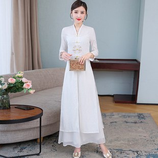 速发禅服中国风茶艺套装 佛意棉麻禅系连衣裙白师仙气采耳色工作服