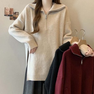 速发织码 遮屁股卫衣 秋冬半拉链翻领针大毛松宽衣正肩中长款