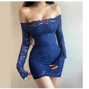 速发00斤大码 包臀连衣短裙 法身优领气质一字雅露肩蕾丝紧式