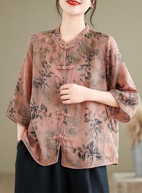 速发国风盘扣刺上棉麻印花麻季高端气质立领衬衣夏料绣衣薄
