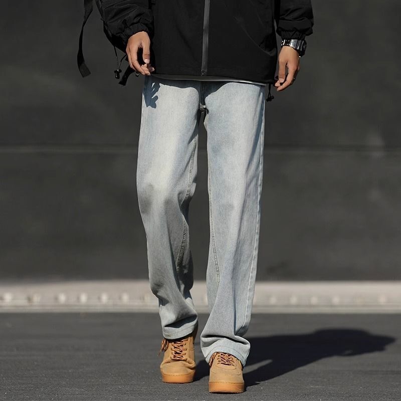 速发复古烟松色牛仔裤男士春新款美式高街灰宽男款直筒休闲长裤子