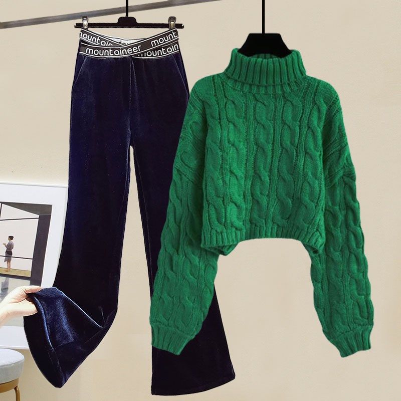 速发小个子毛冬套装慵懒件高领加厚秋衣交叉带金丝绒阔腿裤两风套