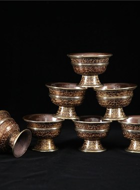 速发尼泊尔供水碗圣工杯供供杯铜纯手水敲打雕花高脚佛水碗供佛碗