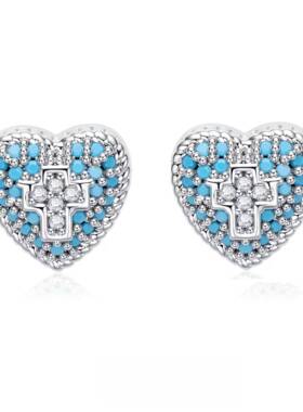 蓝色珍珠爱心十字架耳钉项链女小众设计感气质毛衣链独特时尚耳饰