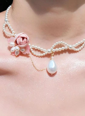 粉色花朵波浪蕾丝珍珠项链女高级感小众锁骨链choker
