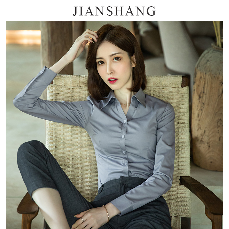 速发V色长袖灰领装021春季新款职业正装气质工2工作服衬衣