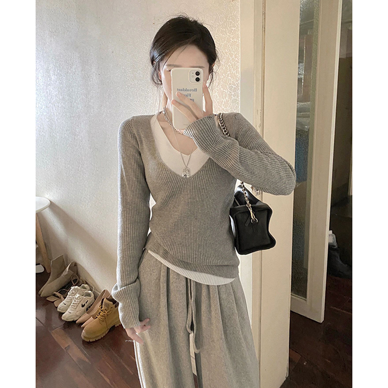 速发灰色假两件V领针织肩底衫秋冬高级感内搭撞毛正打色衣冬季