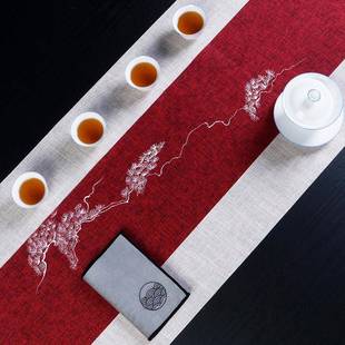 TIY麻纹绘手茶席日画式 新式 禅意桌旗防水中国风中绘棉麻布艺茶台