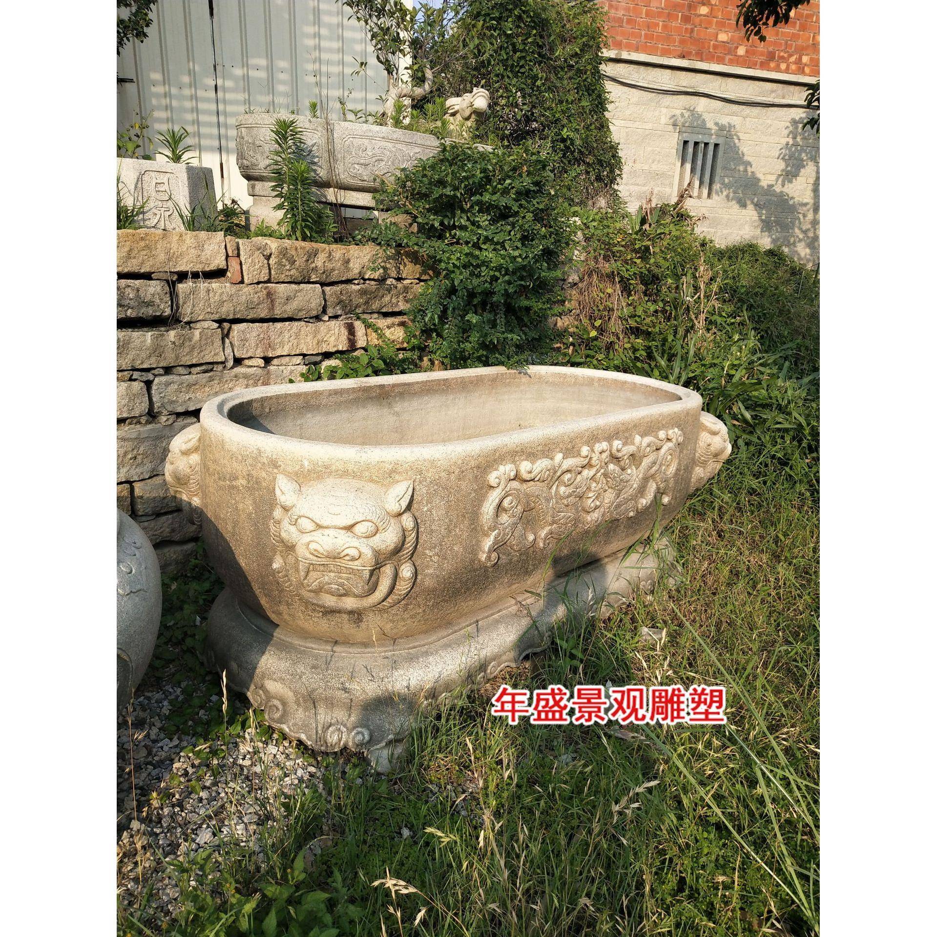 中式仿古做石雕324养花盆旧材雕龙鱼池大理石石鱼缸工艺品摆件