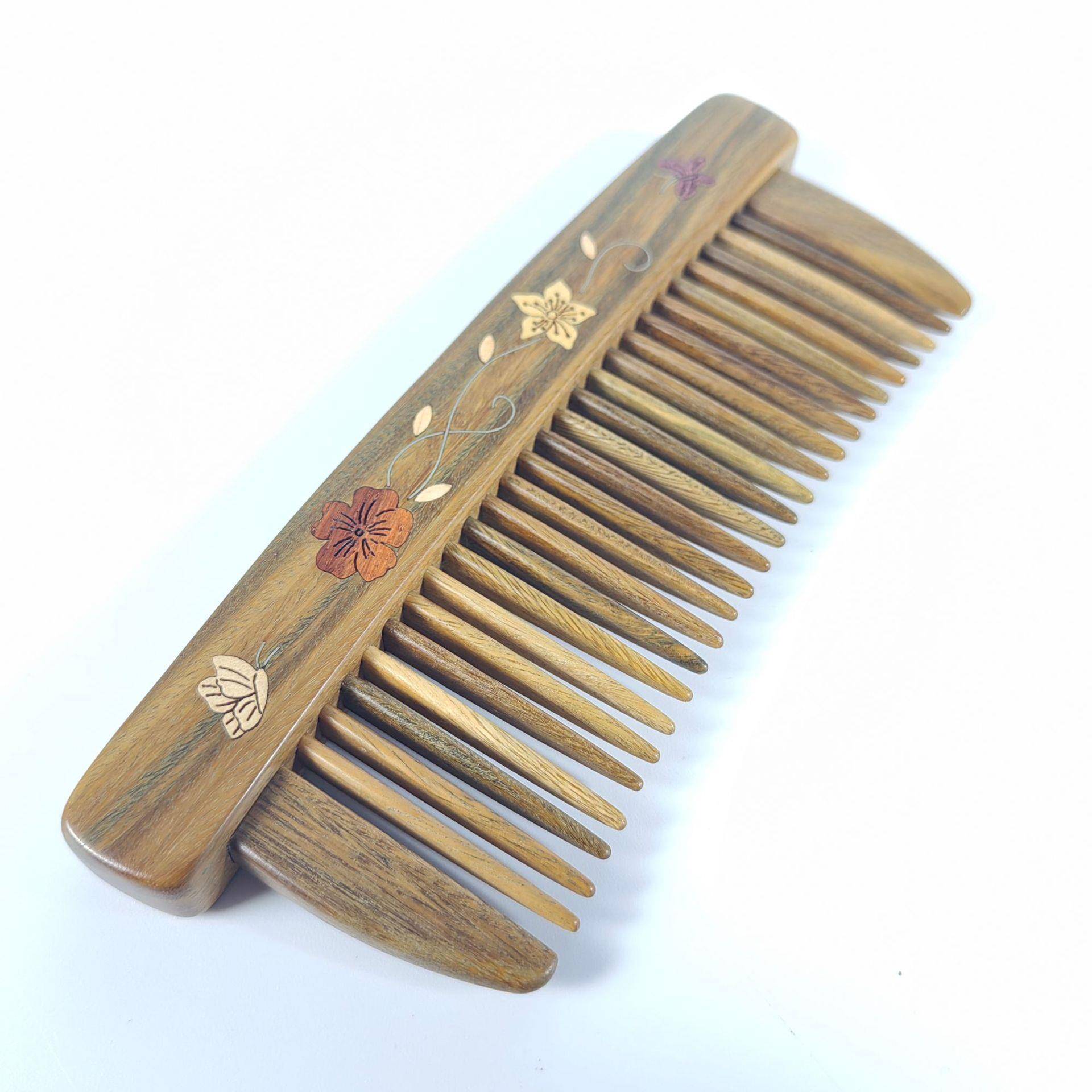 插齿镶嵌花木梳绿檀插齿镶花019梳光黄檀梳子紫檀凹木微梳